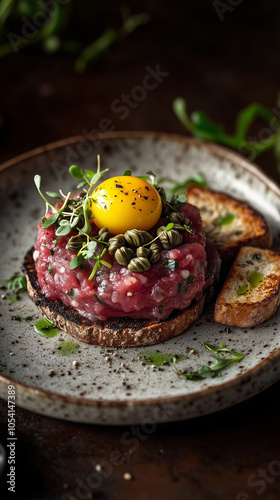 Beef tartare with quail egg, capers, and toast on a plate