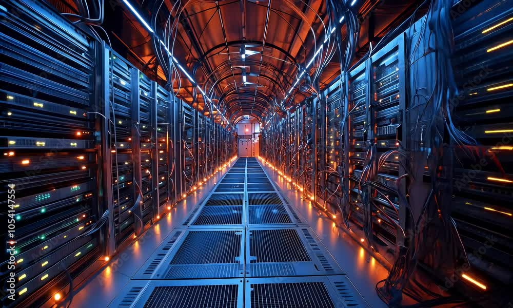 A dimly lit server room filled with rows of data servers and illuminated cables.