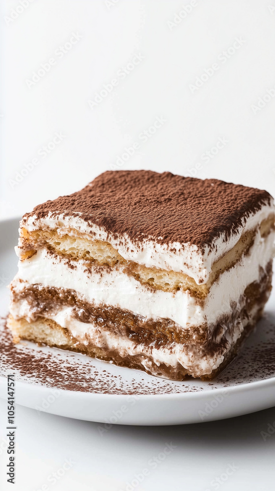 Decadent slice of tiramisu with cocoa dust and creamy layers Decadent slice of tiramisu with cocoa dust and creamy layers