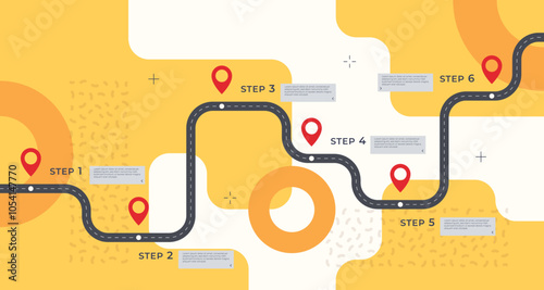 Infographic template with a road and markings on it. Concept of a business development path with key points at certain points. Vector illustration