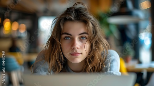 Calm Woman with Direct Eye Contact in Cozy Coffeehouse Environment : Generative AI