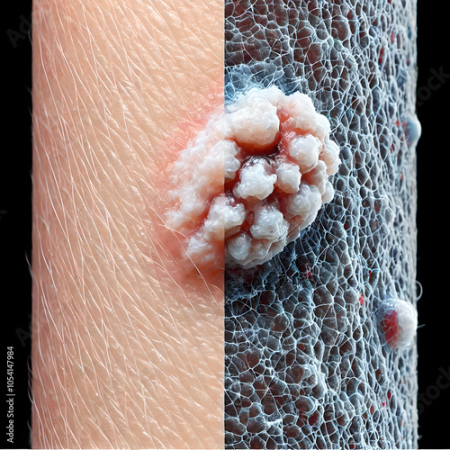 Healthy skin versus skin affected by basal cell carcinoma (BCC). smooth, even texture of healthy skin alongside raised, pearly lesion with visible blood vessels or central depression. photo