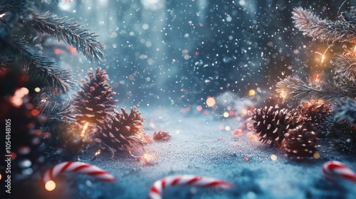 A festive 3D blizzard effect with Christmas elements like pine cones, snowflakes, candy canes, and Christmas trees being blown around in a magical winter scene. photo