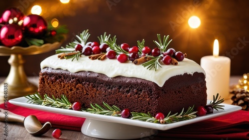 Wallpaper Mural Festive cake with white icing, topped with cranberries and rosemary, sits on a plate. Red candles and pinecones create a warm holiday ambiance. Torontodigital.ca