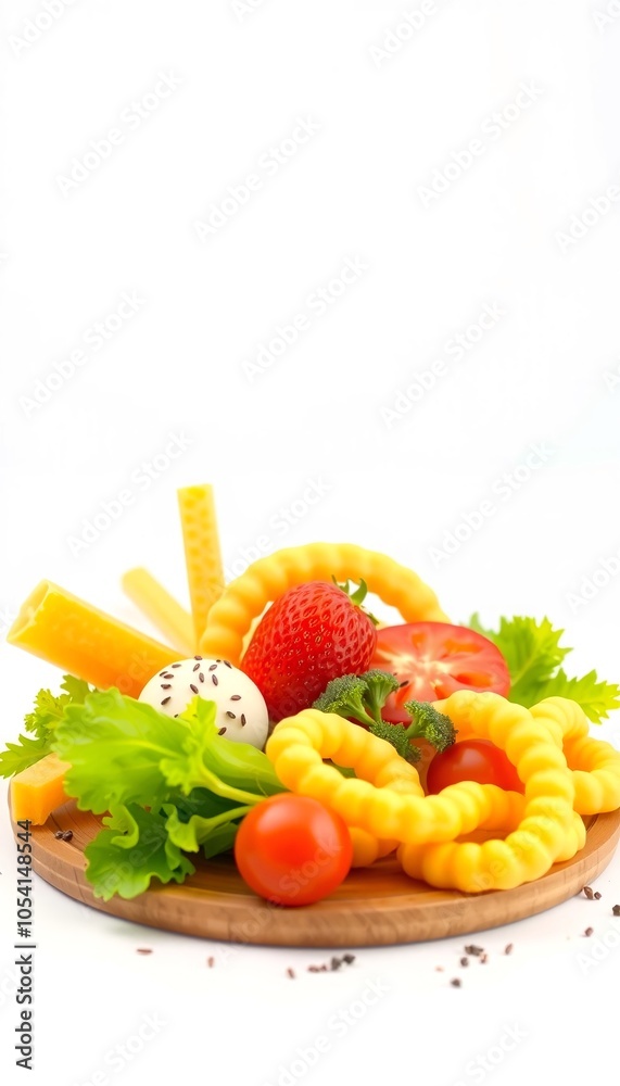 Yellow pasta, tomatoes, strawberries, lettuce and cheese on a wooden platter. Yellow pasta, tomatoes, strawberries, lettuce and cheese on a wooden platter.