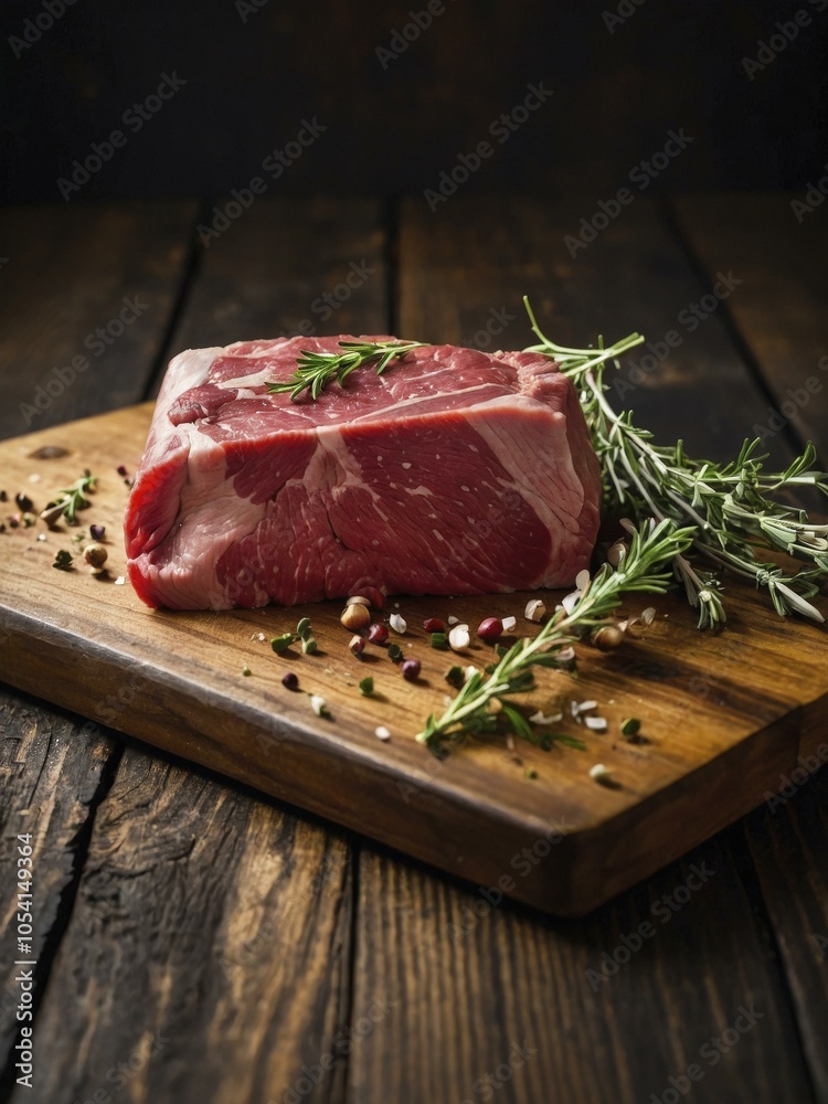 Raw Beef Steak with Rosemary and Spices on Wooden Board Raw Beef Steak with Rosemary and Spices on Wooden Board