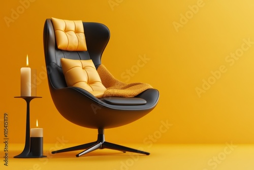 Abstract minimalist design of a cozy lounge chair with a soft blanket and a candle, representing the warmth and relaxation of hedonistic comfort in a clean, refined style, symbolizing calm and
