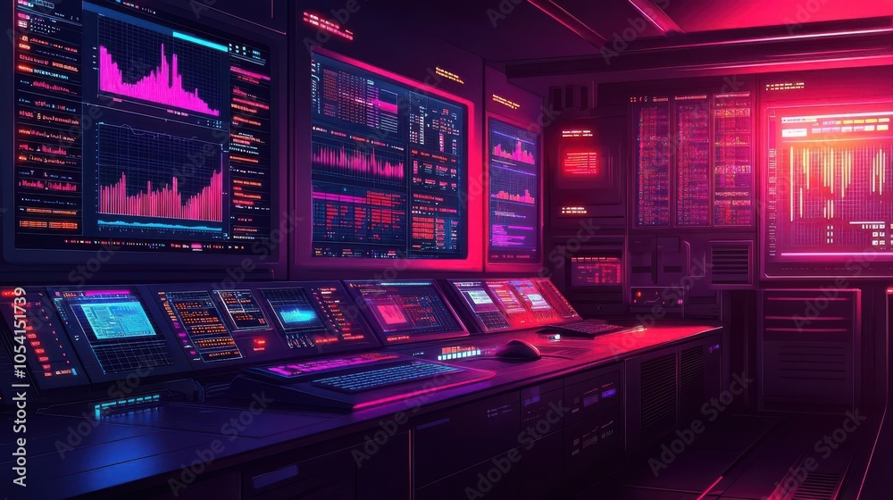 Futuristic control room with glowing screens and data visualizations. Futuristic control room with glowing screens and data visualizations.
