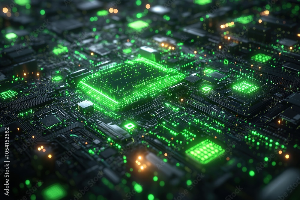 Close-up of a glowing green circuit board with a central processor. Close-up of a glowing green circuit board with a central processor.