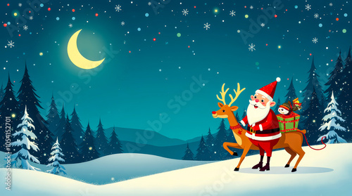 Cheerful Santa Claus carrying gifts under a starry winter sky, surrounded by snow-covered trees and a decorated Christmas tree in a festive landscape photo