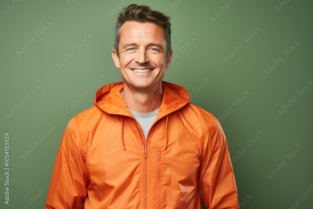 Fototapeta premium Portrait of a grinning man in his 40s wearing a lightweight packable anorak in front of solid color backdrop