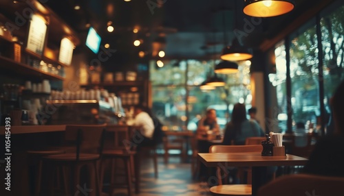 Modern Cafe Interior With Warm Lighting, Wooden Furniture, And Cozy Atmosphere. Ideal Backdrop For Various Themes And Backgrounds. photo