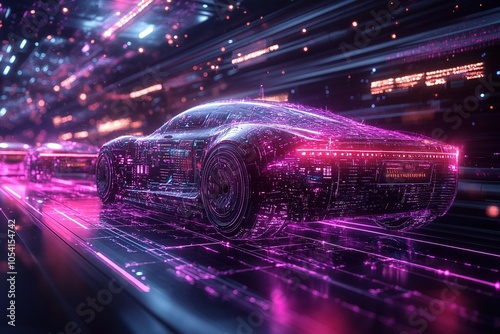 Futuristic car made of digital particles speeding on a digital highway.