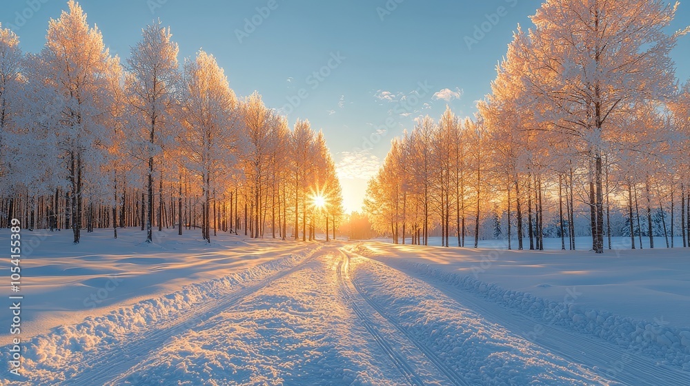 A serene winter landscape with snow-covered trees and a sunset illuminating the scene. A serene winter landscape with snow-covered trees and a sunset illuminating the scene.