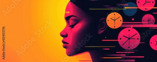 Abstract portrait with layers of overlapping clocks, showing irregular sleep-wake cycles