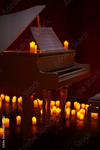 Grand piano in a concert hall in lite of candles