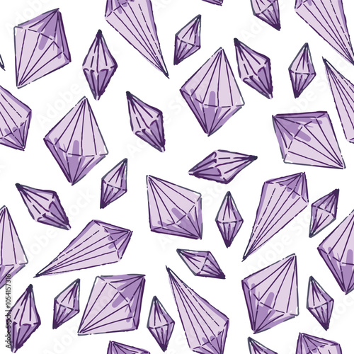 Seamless pattern with lilac hand drawn crystals isolated on white.