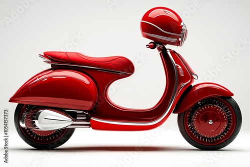 a 2D cartoon illustration of a classic red scooter with a helmet fun and stylish white background