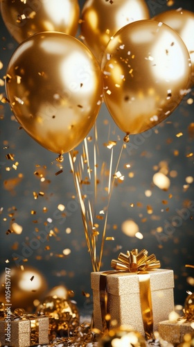 golden gift next to balloons and vertical bokeh background photo