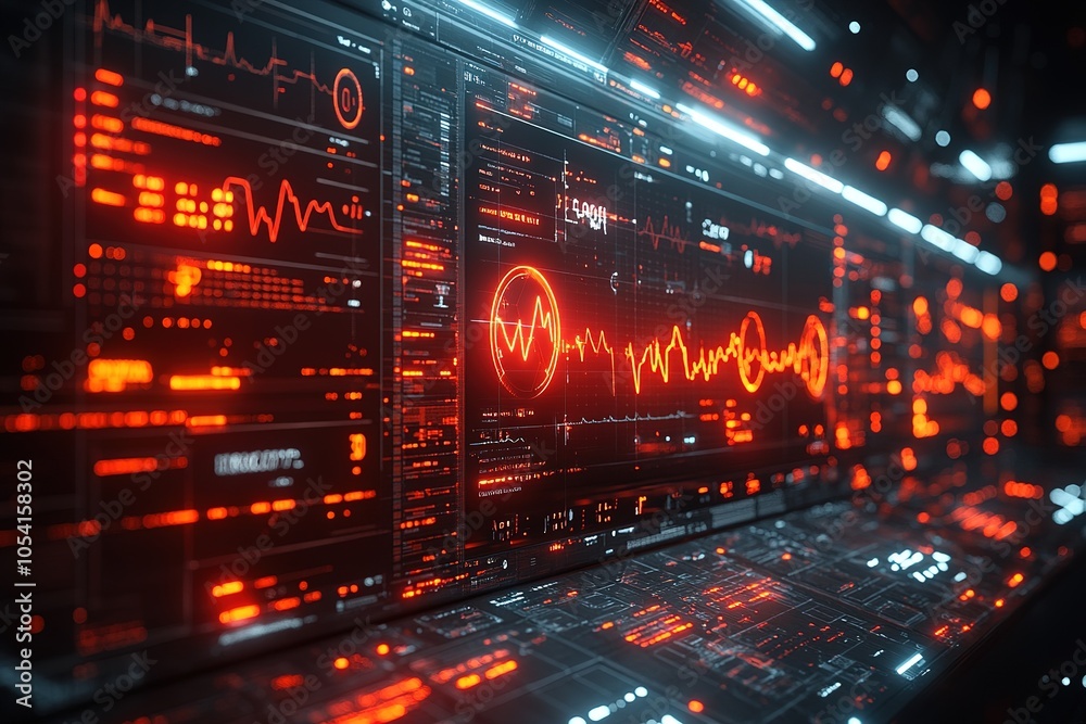 Obraz premium Futuristic digital interface with red and blue glowing lines and data visualizations.