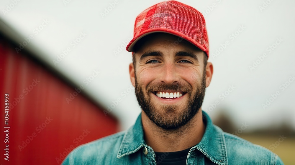 A smiling man wearing a red cap and denim jacket poses outdoors with a blurred background. A smiling man wearing a red cap and denim jacket poses outdoors with a blurred background.