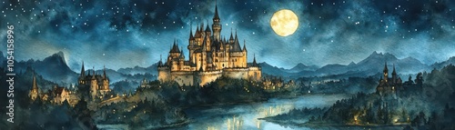 Wallpaper Mural Craft an aerial view of a majestic castle, illuminated by a mystical moonlight glow, surrounded by a tranquil moat under a starry night sky, in watercolor Torontodigital.ca