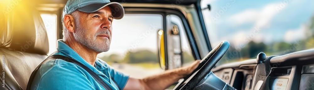 Naklejka premium A middle-aged man in a cap drives a truck, looking focused as sunlight filters through the window, capturing the essence of the open road.