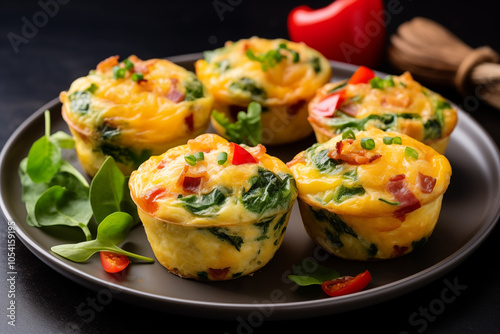 A plate of freshly baked breakfast egg muffins, golden and fluffy, diced bell peppers, spinach, cheese, and bits of crispy bacon photo