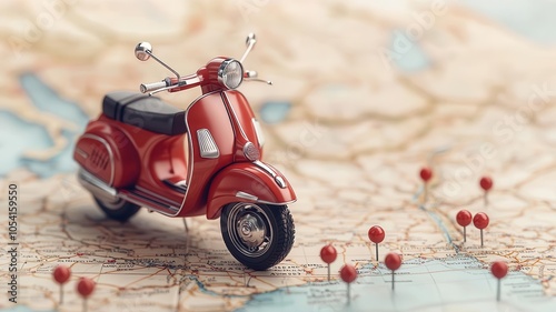 A miniature red scooter sits on a map dotted with location pins, symbolizing travel and exploration.