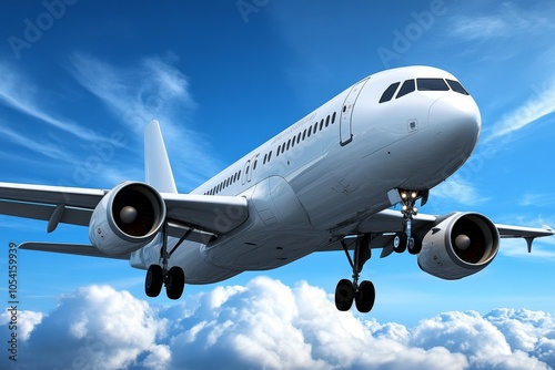 a 2D cartoon illustration of a jet plane flying over the clouds fast and efficient white background