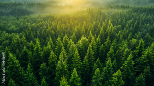 Aerial view of a lush green boreal forest surrounding a tranquil lake in morning mist. Generative AI