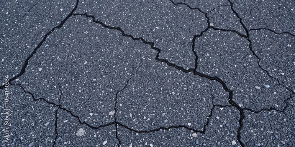 Fototapeta premium Close-up shot of weathered asphalt surface with cracks and rough texture, detail, construction