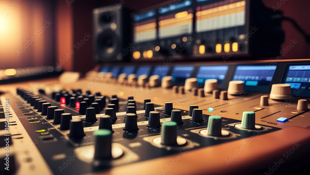 Fototapeta premium Close-Up Of Audio Mixer Console With Control Panel