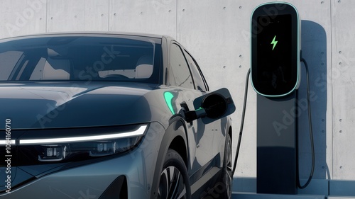 A sleek electric vehicle is charging at a modern station, showcasing the future of transportation and sustainable energy.