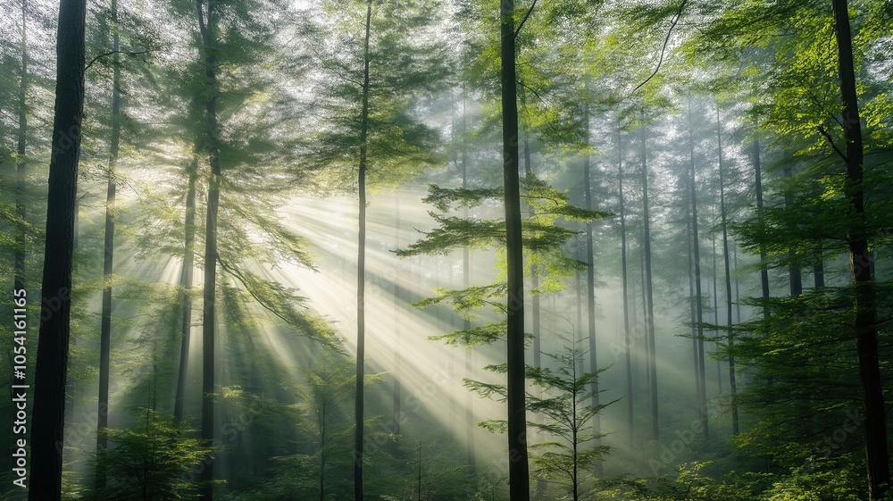 Fototapeta premium Sunlight streams through trees in a misty forest, creating a serene and enchanting atmosphere.