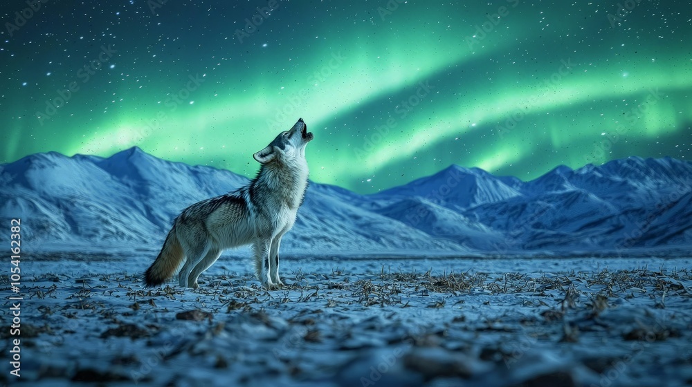 Obraz premium A wolf howls under the aurora borealis, with snowy mountains in the background.
