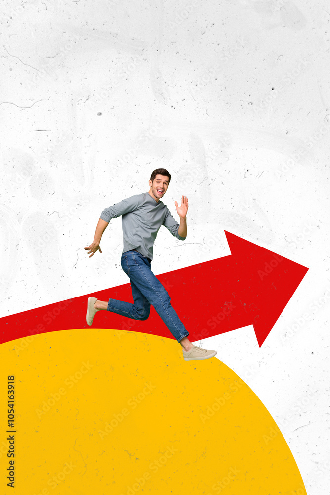 Composite trend artwork sketch image photo collage of miniature young guy businessman run fast huge arrow show direction way trader success Composite trend artwork sketch image photo collage of miniature young guy businessman run fast huge arrow show direction way trader success