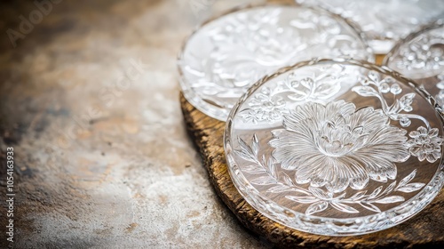 Close-up of four clear glass coasters with an etched floral design, resting on a wooden surface.