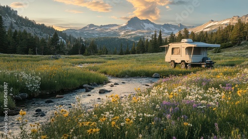 Mountain Serenity: Ultra-Detailed Photography of a Pop-Up Camper at Mammoth Lakes, Surrounded by Sierra Nevada Peaks, Wildflowers, and Pristine Wilderness at Golden Hour. photo