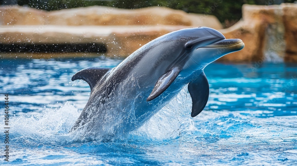 Obraz premium Dolphin jumping out of water in dolphinarium