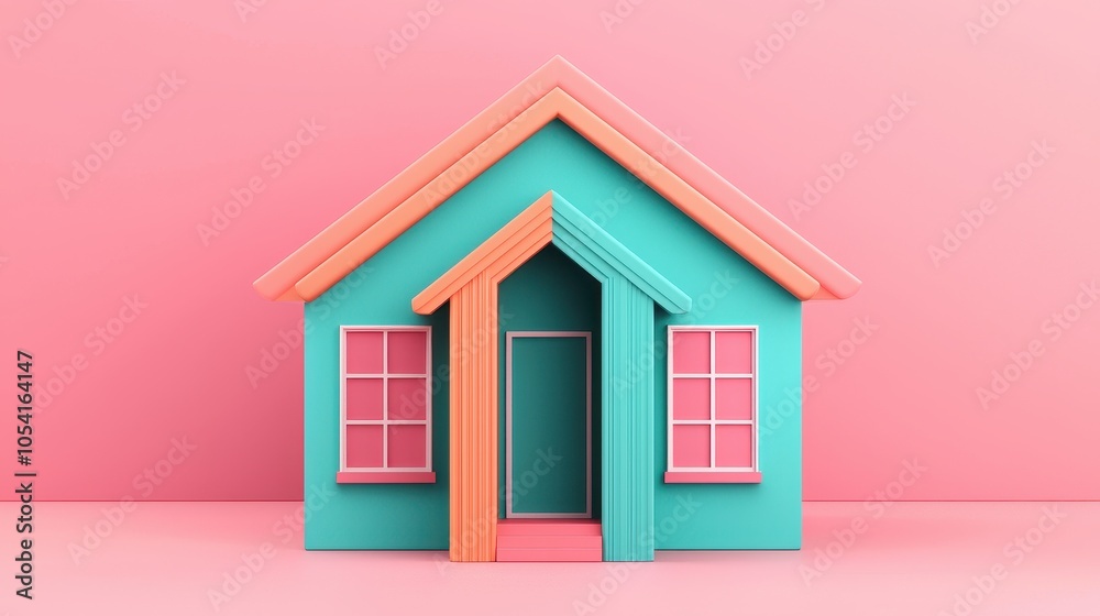A colorful, stylized house illustration with a pink background, featuring teal walls, orange accents, and geometric shapes, creating a playful, modern aesthetic.