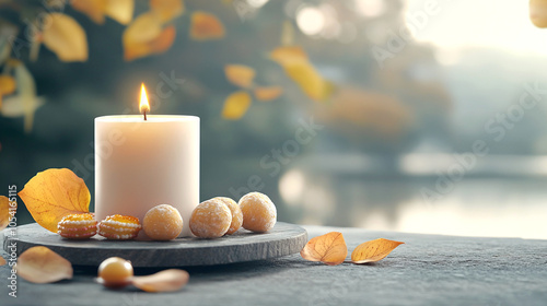 A serene scene featuring a lit candle surrounded by autumn leaves and decorative elements, evoking a peaceful, cozy atmosphere. photo