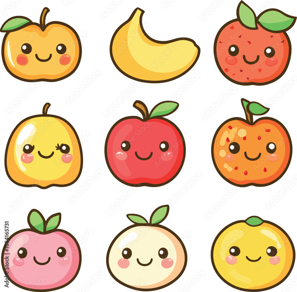 A vector icon set of kawaii-style fruits Illustration A vector icon set of kawaii-style fruits Illustration