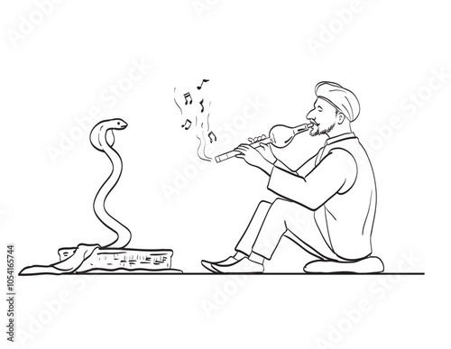 Drawing sketch style illustration of a Snake Charmer with flute and dancing cobra on isolated background done in black and white line art.