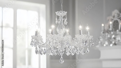 Elegant crystal chandelier hanging in a modern white room.