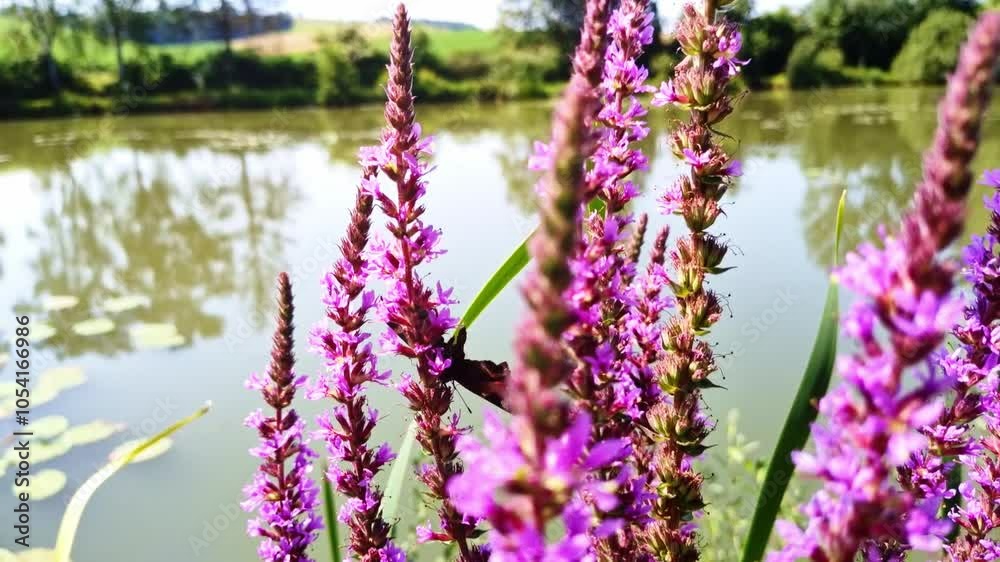 violette Blüten an idyllischem Teich mit Insekten in Zeitlupe, Bienen