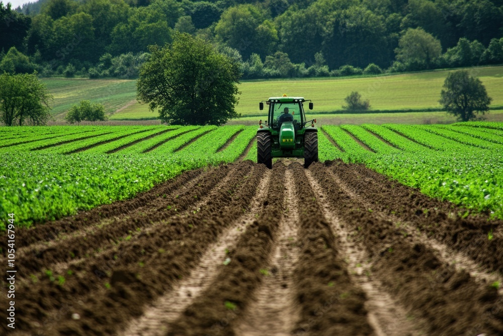 Obraz premium Farmer cultivating field with tractor in beautiful countryside