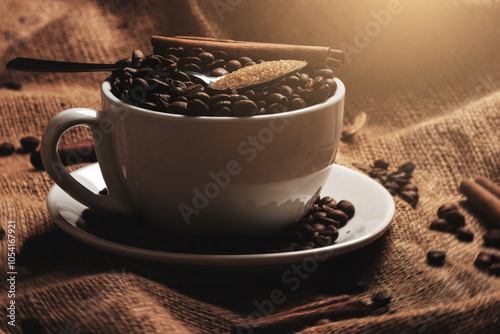 Cup with Coffee Beans, Cinnamon and Sugar on Burlap Background photo