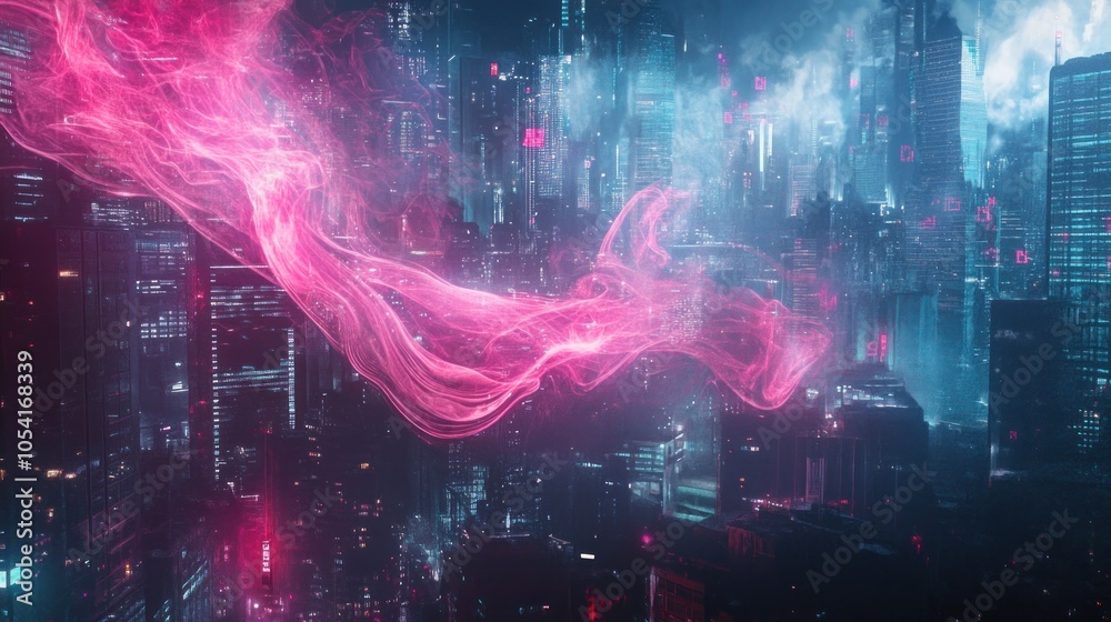 Fototapeta premium A futuristic cityscape with glowing neon lights and pink smoke rising from the buildings.
