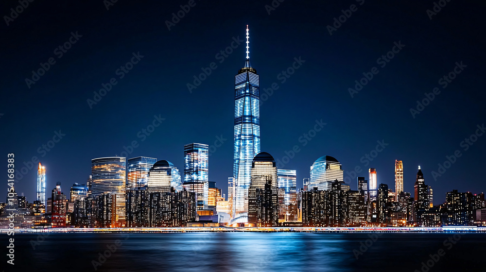 Obraz premium a single illuminated skyscraper standing out in darkened city skyline